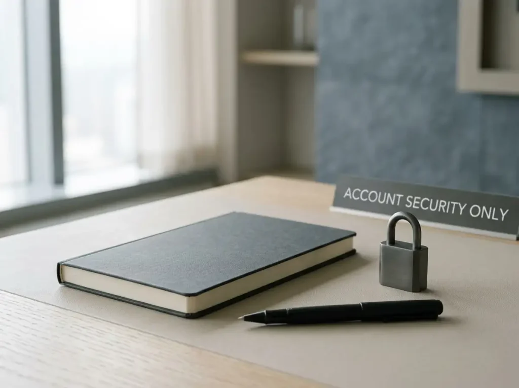 Closed blank notebook and generic metal lock-shaped object on a tidy neutral desk