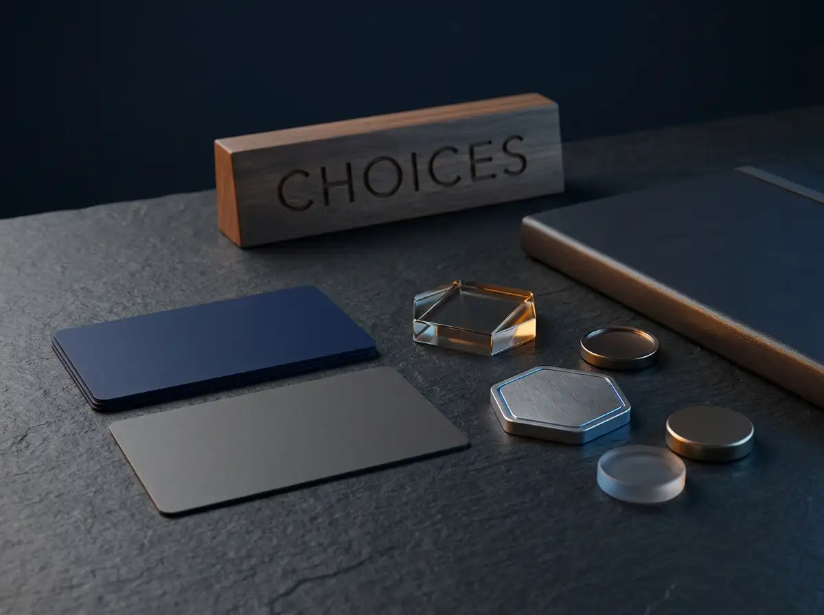 Unbranded bank card shapes beside abstract metallic digital tokens on a dark desk