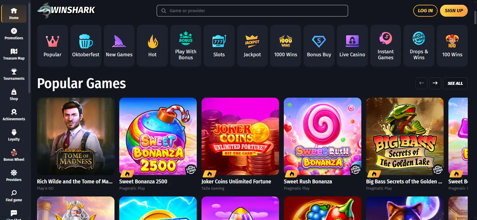 Screenshot of Winshark Casino homepage showing its header and site navigation