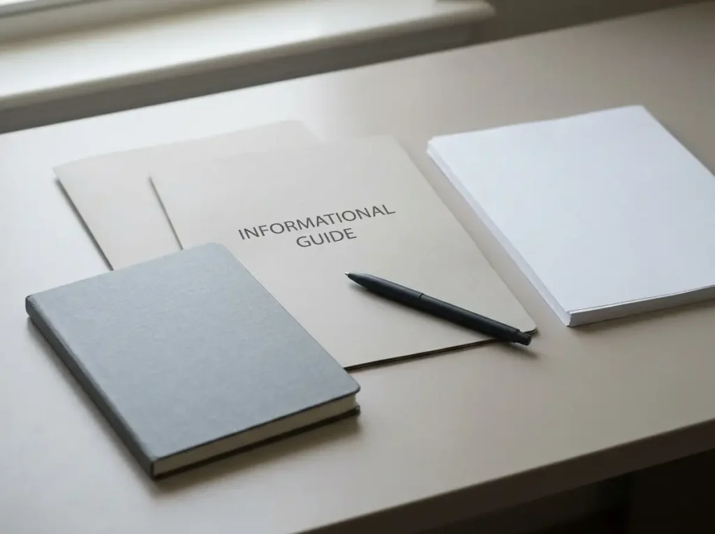 Two plain document folders beside an unmarked notepad on a neutral desk