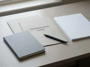 Two plain document folders beside an unmarked notepad on a neutral desk