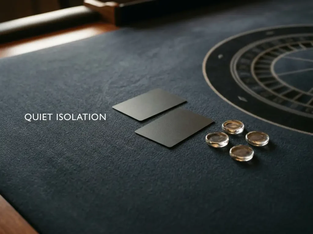 Minimal unbranded card table with blank cards and neutral gaming tokens in soft light