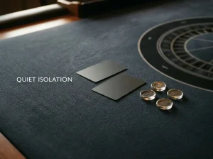 Minimal unbranded card table with blank cards and neutral gaming tokens in soft light