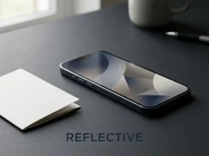 Unbranded smartphone showing only abstract geometric shapes on a tidy charcoal desk