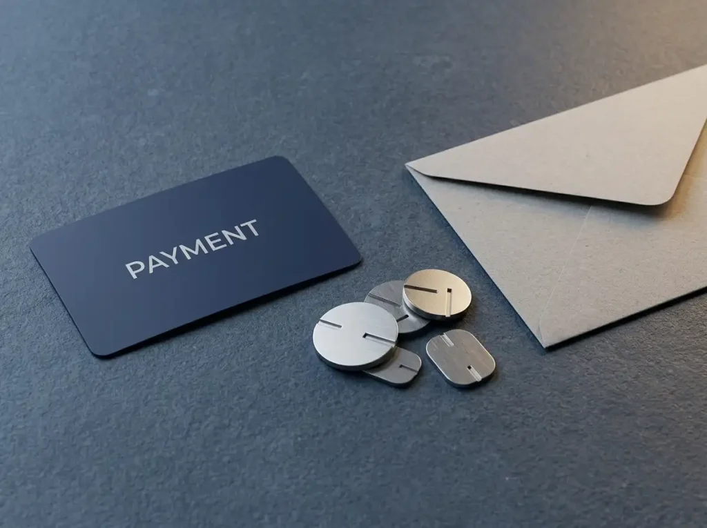 Unbranded payment card form and abstract digital-asset tokens arranged on a slate tabletop