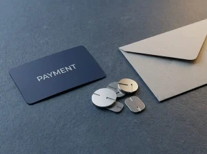 Unbranded payment card form and abstract digital-asset tokens arranged on a slate tabletop