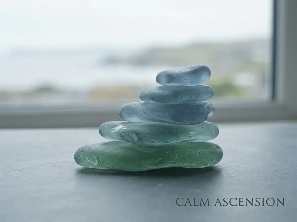 Five stacked translucent sea-glass forms of different heights on an unbranded neutral desk